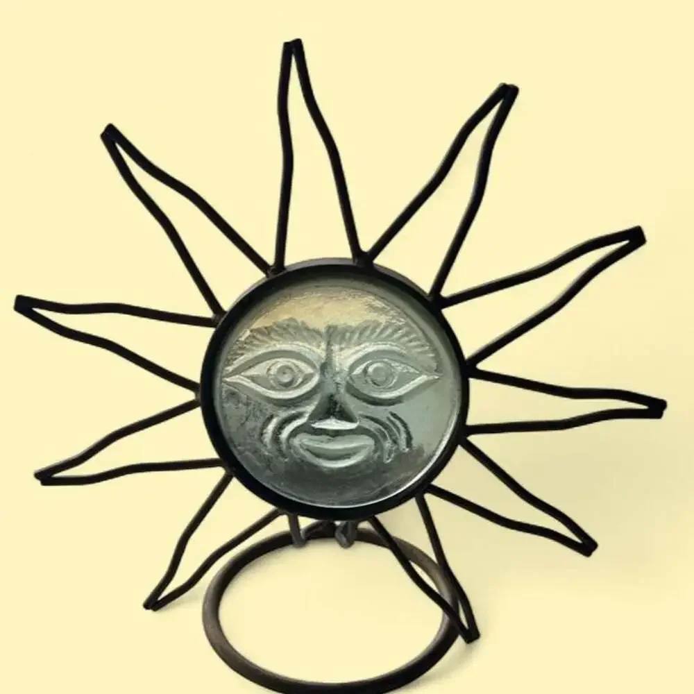 Vintage Celestial Sun Metal Tea Light Candle Holder with Glass Face
